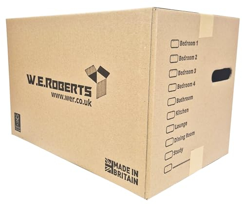 10 Strong Large Cardboard Storage Packing Moving House Boxes with Carry Handles and Room List – Ideal for Storage, Moving, and Packing 18 x 11 x 11 internal. Made in the UK