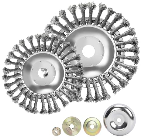 Tête Brosse Désherbage pour Débroussailleuse, Brosse à Désherber Ronde, Tete Brosse Debroussailleuse Universelle 25,4mm, Tête de Désherbage Fil d'acier avec 4 Accessoires（8 Pouce+6 Pouce）