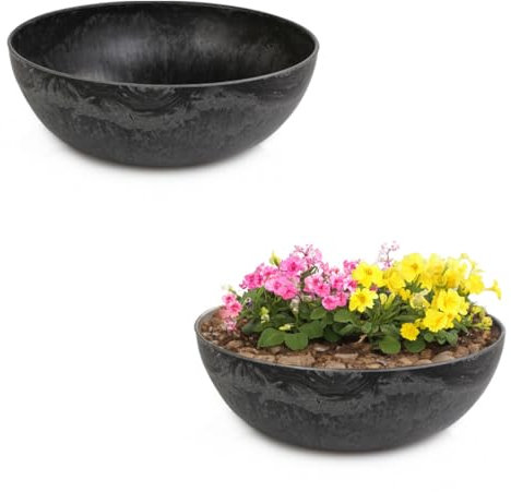 matches21 Pot de fleurs XXL pour l'extérieur – Grand bol décoratif vintage noir marbré comme pot de fleurs – 45 cm comme bain d'oiseaux, décoration de balcon ou cimetière