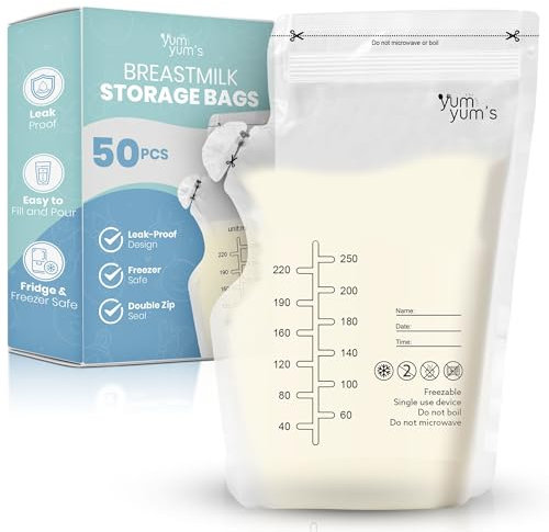 Yum Yum's 50 Pcs x 250ml Breast Milk Storage Bags - Disposable No-Leak Pouches w/Secure Double Zipper Seal & Pour Spout - Pre-Sterilised Freezer Bags - Easy Labeling for Date & Volume