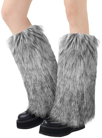 XEPST Faux Fur Fuzzy Leg Warmers Furry Boot Covers for Women, Women's Fur Leg Warmers Warm Fuzzy Boot Cuff Boot Sleeves for Party Costumes, Tie Dye Style, Gray + White