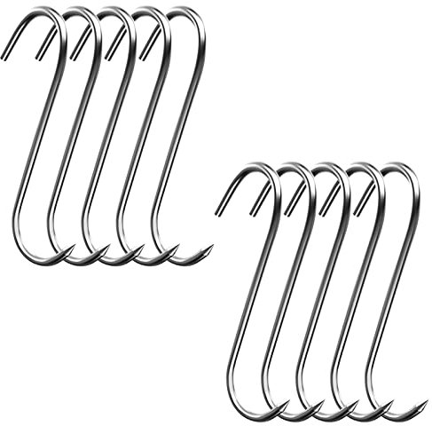 INCAUCA 10 ganchos de carne de 23 cm y 4 mm para carnicería, colgar a la parrilla, ganchos de acero inoxidable en forma de S, gancho de carnicero para procesamiento de carne, pollo, tocino, barbacoa