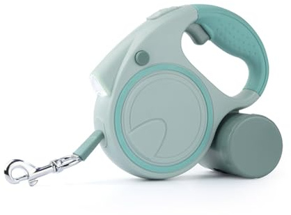 Fadcaer Correa retráctil para perros con LED, extensible para perros pequeños y medianos de hasta 25 kg, mango antideslizante y soporte desmontable para bolsas de caca (verde)