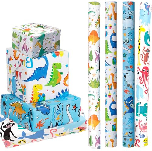 Yolistar 4 rotoli 43cm*300cm Rotolo Di Carta Da Regalo, Birthday Wrapping Paper, con 2 Rotolo di Nastro Biadesivo, Carta per Incartare Regali allegro per Compleanni, Feste e Regali