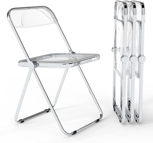 Real Relax Acrylic Folding Chairs,Foldable & Stackable Clear Chairs with Metal Chrome Frame, Indoor and Outdoor, for Home, Office, Party & Events,Set of 4,350LB,Transparent