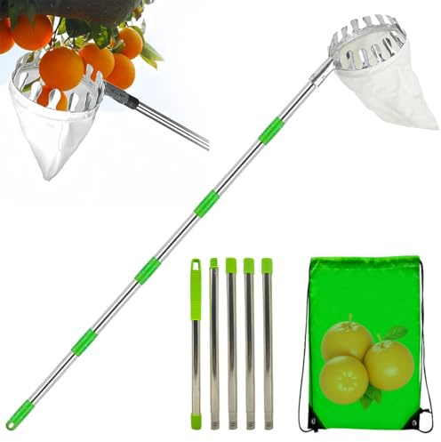 Fruit Picker Pole with Basket – Extendable Telescopic Pole with Metal Fruit Picking Head | High Reach Tool for Pear, and Peach Harvesting, Lightweight Pole for Citrus and Orchard Fruit Trees