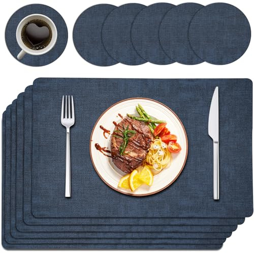 Purejoy placemats table mats placemats set of 6 placemats and coaster sets 6 - PU Leather Set, Heat Resistant 120°C, Wipe Clean Non-Slip 43×30cm Table Mats for Dining Table & Kitchen, Navy Blue