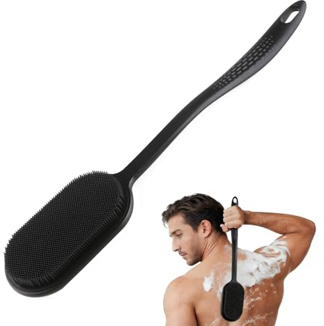 Double Sided Shower Back Scrubber - 42cm Long Handle Exfoliating Massage Body Brush, Rich Lather Producing(Black)