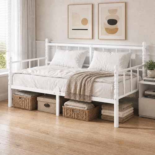 Apextella Home 3ft Metal Day Bed Frame with Headboard and Slatted,Single Bed Frame with Mattress Slide Stopper Underbed Storage Space and Easy Assembly Daybed for Bedroom Living Room Guest Room, White