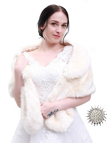 Anglacesmade - Stola da sposa in pelliccia sintetica con spilla da sposa per feste di sera bianco Taglia unica
