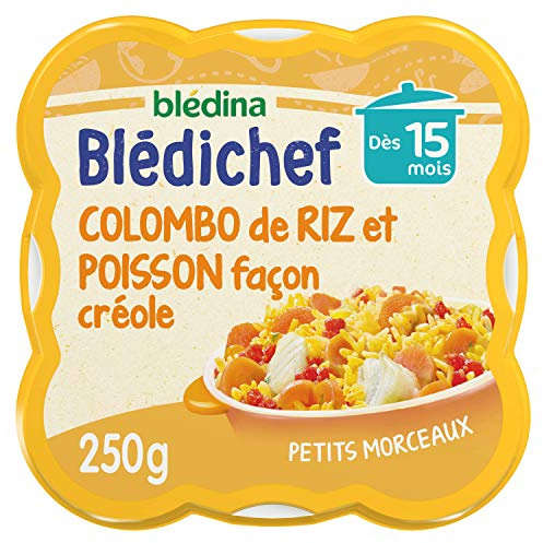Blédina - Blédichef - Repas Bébé 15 Mois - Plat Bébé Colombo de Riz Poisson façon Créole - Petits Morceaux - 100% Ingrédients d'Origine Naturelle - Dès 15 Mois - 1 Assiette de 250g