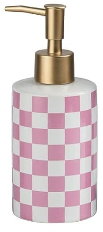 Checkered Ceramic Soap Dispenser with Rust Proof Gold Matte Pump Decorative Soap Dispenser for Bathroom or Kitchen (Pink & White)