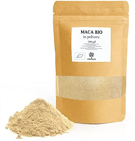 ERBOTECH, Maca Peruviana BIO in Polvere, Busta da 200 g, Ricca Fonte di Minerali, Vitamin a B, Vitamin a C, Vitamina E, Senza Glutine, Adatto a Vegetariani e Vegani