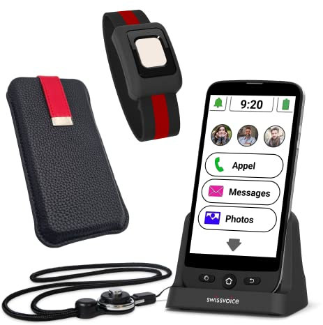 swissvoice - Smartphone S510-C + Pulsera SOS + Funda Protectora + Base de Carga + Cadena para teléfono móvil - Botones Grandes - Botón SOS con localización GPS - Smartphone Senior 4G - Negro/Rojo
