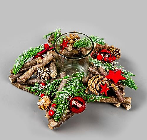 22cm Star Tealight Votive Candle Holder - Wooden Twigs Base Decorated with Red Baubles,Berries,Stars,Foliage,Pine Cones - Christmas Home Table Decoration