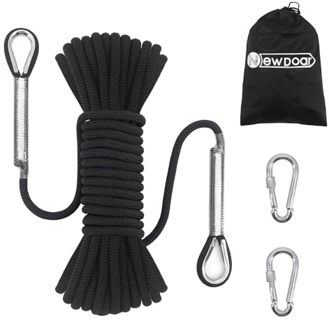 NewDoar Corda da arrampicata statica da 14 kN, 8 mm, 10 m, 20 m, 30 m, 50 m, con 2 moschettoni, per attrezzatura da arrampicata su ghiaccio, corda di salvataggio antincendio, nera, 50 m