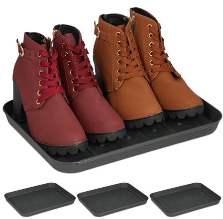 Relaxdays Set of 4 Shoe Tray, Hallway Storage for Muddy or Wet Boots, Wellies & Trainers, 3 x 27 x 35 cm, Plastic, Black