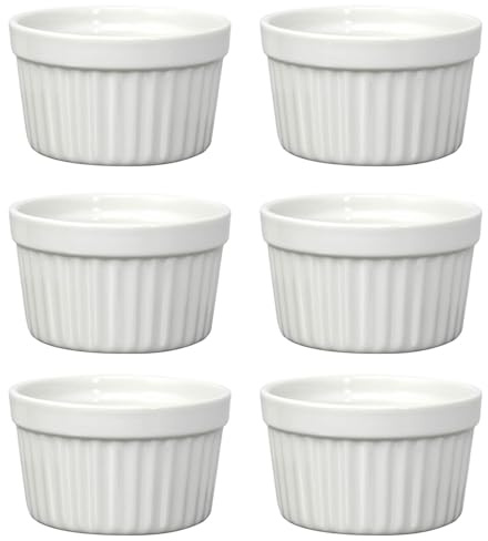 UNIQUE HOME LIVING Set of 6 Ceramic Ramekins, Creme Brulee Ramekin Cups, Pudding Cupcakes Souffle Dishes for Baking, White Serving Dish, 9cm Diameter