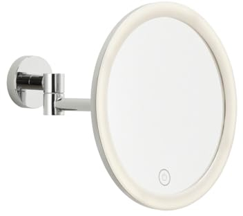 tesa VISIOON LED-Kosmetikspiegel - kabelloser Schminkspiegel mit dimmbarer Beleuchtung - Touch Control, integrierter Akku, 5-fache Vergrößerung, Gelenkarm - Wandmontage ohne Bohren - 18 cm - Chrom