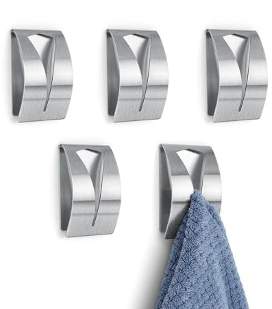 0XBIT Ganci da Parete, 5 Pezzi Ganci Autoadesivi Argento, Appendino Adesivo Acciaio Lnossidabile, Nessuna Foratura Richiesta, Design Anticollisione per Cucina, Bagno
