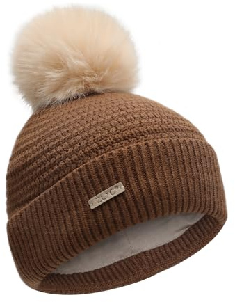 ZLYC Bonnets d'hiver pour enfants pour filles et garçons avec pompon - Bonnet en tricot doublé en coton, Marron uni., Taille unique