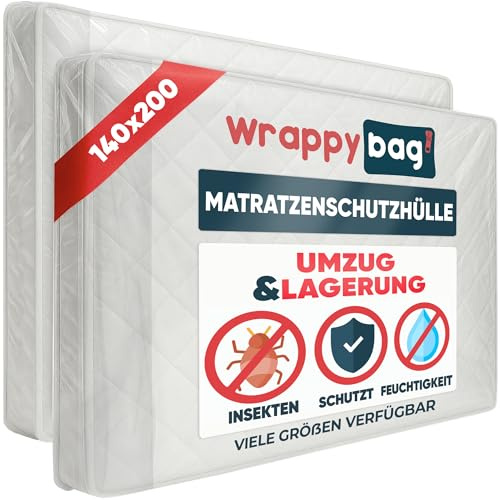 WRAPPYBAG – Plastic Mattress Protector Cover – Storage Bag with Flap – Mattress bags for Moving, Storage & Transport – European double 140 x 200 cm - Set of 2