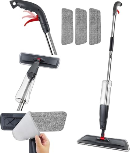 Wischer mit Sprühfunktion, Bodenwischer mit 3 Waschbaren Mikrofaserbezug, mit 700ml Wassertank Wischmopp, Bodenwischer mit Sprühfunktion für Schnelle Reinigung Hartholz, Laminat, Fliesen