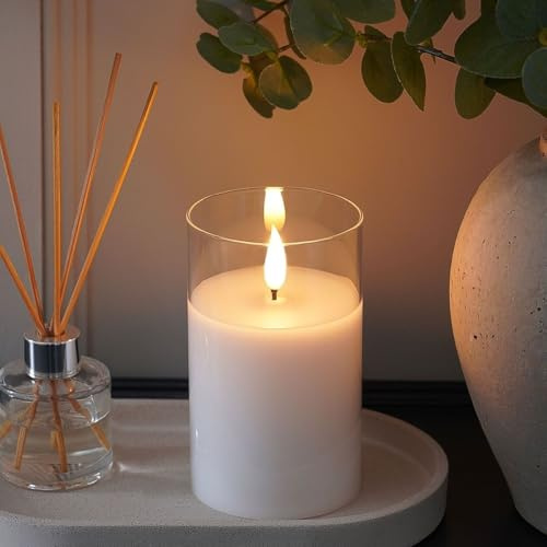 Ember Candles™ 12,5 cm orkan klart glas, vitt fjärrstyrt LED-ljus – 100 % äkta vax, ultrarealistisk flamma, handhälld design, batteridriven, 6 timmars timer för inomhusbruk (utan fjärrkontroll)
