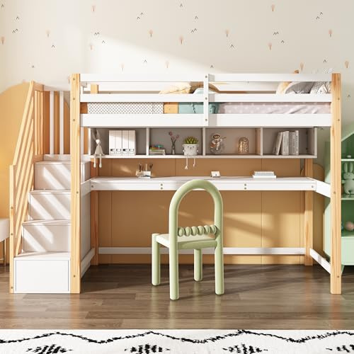 boorbin Cama alta para niños con espacio de almacenamiento, madera maciza+MDF, litera, cuna con gran escritorio y estantes, colores ecológicos, natural y blanco, 90 x 200 cm