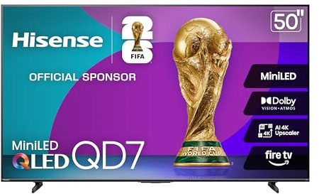Hisense 50 Class QD7 Series Mini-LED 4K UHD Smart Fire TV (50QD7QF, 2025 Model) - QLED, HDR10+, Dolby Vision, Dolby Atmos, Game Mode Plus, ALLM, Alexa Built in with Voice Remote, Streaming TV, Black