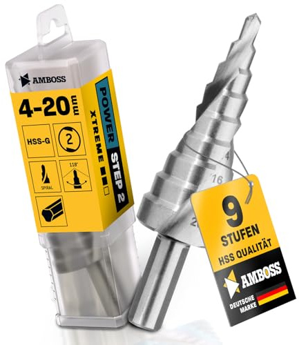 Stegborr Ø 4–20 mm/9 steg konisk borr/10 mm skaft/Profi metallborr konisk borr HSS/Amboss PowerStep 2/hålborr lämplig för stål, aluminium, plast och akrylglas