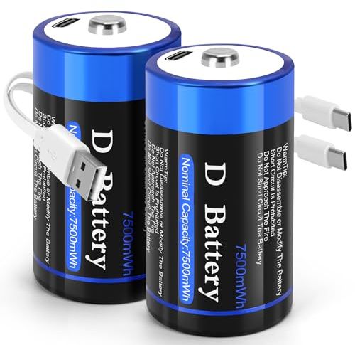 Batteria al litio USB D, batterie ricaricabili USB D da 1,5 V, ricarica rapida in 2 ore con cavo di ricarica di tipo C (confezione da 2)