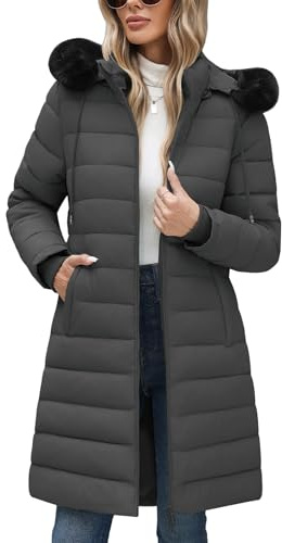 Yuson Girl Abrigos Mujer Invierno Abrigo Acolchado con Capucha Térmico Grueso Chaqueta Forro Polar Largo Elegante Cazadora Cremallera Parka Viento Outwear con Bolsillos(Gris oscuro, S)