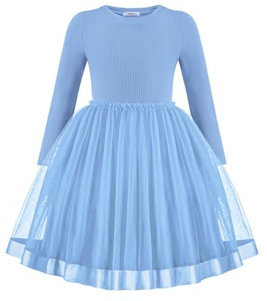Arshiner Niñas Jersey Vestidos Tul Niños Festivos Otoño Invierno Cuello Redondo Ocio Fiesta de Manga Larga Vestido para Niñas 13-14 Años Azul Claro