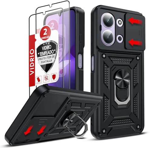LeYi Coque pour Xiaomi Redmi 15C Antichoc avec 2*Verre Trempé+Full Protection Caméra Coulissante, Anneau Support, Étui de PC Dur et TPU Cover Silicone Militaire Anti-Rayures Housse, Noir