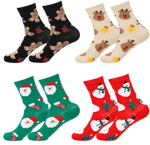 lomdung 4 Paires Chaussettes de Noël, Chaussette de Noel Femme, Chaussettes de Noël en Coton, Chaussette Colorées et Douillettes pour Une Tenue D'hiver Joyeuse, pour Enfant Adulte
