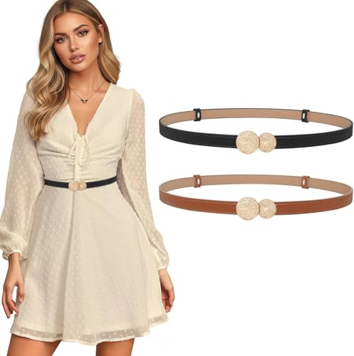 LEACOOLKEY 2 Stück schmal Gürtel Damen Taillengürtel Schmaler Verstellbarer dünner Ledergürtel mit goldene Schnalle für Kleid Schwarz Braun 105 CM
