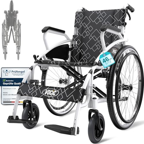 VOCIC Sedia a rotelle pieghevole leggera fino a 150 kg, U31 doppio freno pieghevole (17,5 kg), con autoazionamento, ruota posteriore da 60 cm, supporto per 5 anni (Bianco Brillante)