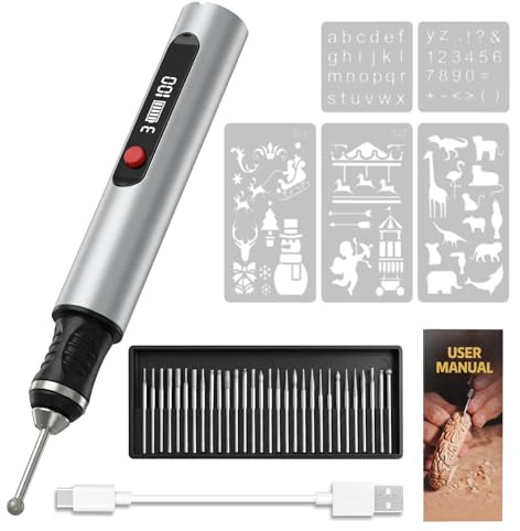 Pino de Grabado Eléctrico con 30 Bits, Mini Bolígrafo Grabador Eléctrico, Regulador de 3 Velocidades Hasta 25.000 U/min, USB Carga, para Joyería, Metal, Madera, Vidrio, Plástico, para Bricolaje