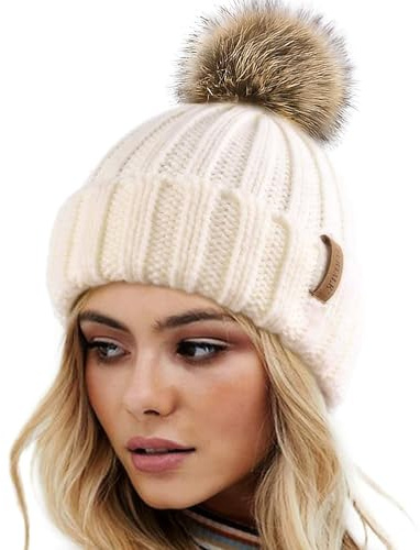 FURTALK Womens Winter Knitted Beanie Hat with Faux Fur Pom Poms Warm Knit Skull Cap for Women Beige