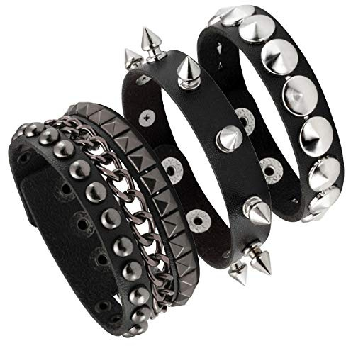 Eigso 3 Pcs Leather Punk Bracelets for Men Women of Rock Rivet Wrap Retro Spike Bracelet Adjustable