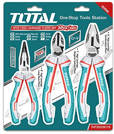 TOTAL - Juego de 3 Alicates Reforzados - Incluye: 1 Alicate Universal de 180 mm, 1 de Corte de 160 mm y 1 Plano de 160 mm - Cromo Vanadio - Protección Anti Caídas - Mantenimiento y Reforma