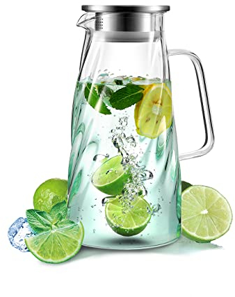 Glaskrug mit Deckel und Griff - Eiswasserkaraffe - Bleifreies Borosilikatglas Getränkekrug - Teekanne Limonadenspender für Kühlschrank Teekanne Kaffee Saft