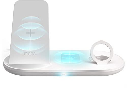 SBS Caricatore wireless 3 in 1, stazione di ricarica 10W con supporto stand per iPhone, Samsung, Xiaomi, Huawei, Airpods, AirPods Pro, Apple Watch e smartwatch, cavo di alimentazione basetta incluso