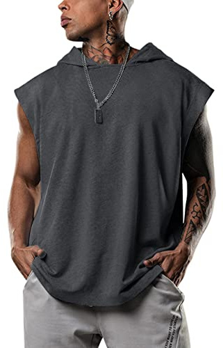 Lomon Camiseta sin mangas con capucha para hombre, para gimnasio, color liso, para correr, deportes, culturismo muscular, Gris oscuro_h, M