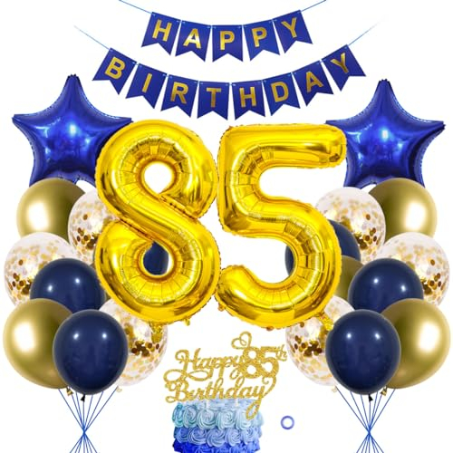 SNOWZAN 85. Geburtstag Dekorationen Blau Gold für Frauen und Männer - Luftballon Girlande, Tortendeko, 85 Jahre Deko