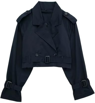 Saklifuo Giacca corta da donna con risvolto a maniche lunghe trench cappotto doppiopetto con cintura, blu navy, XS