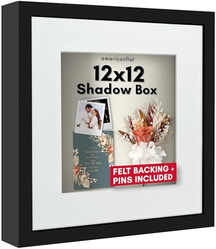Americanflat 12x12 Shadow Box Frame with Shatter-Resistant Glass - Use as 10x10 Frame with Mat or 12x12 Without Mat - Silhouette Collection - Black with Soft Felt Back