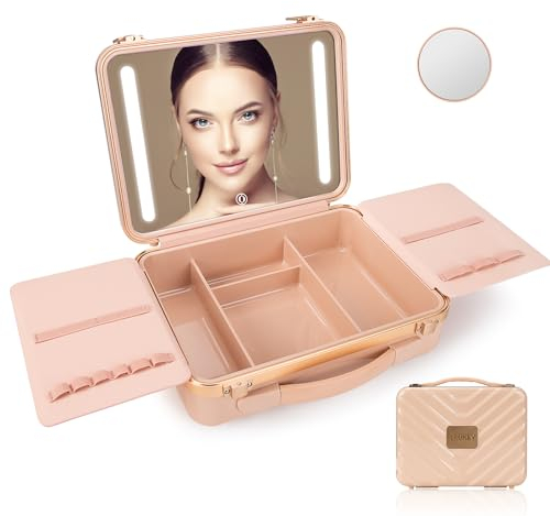 LRUKEY Make up Koffer mit Spiegel, Tragbare Make-up-Tasche, Make-up-Box, Wiederaufladbare Make up Organizer, mit 3-farbigem LED-Spiegel und Abnehmbarer Lupe (Rosa)