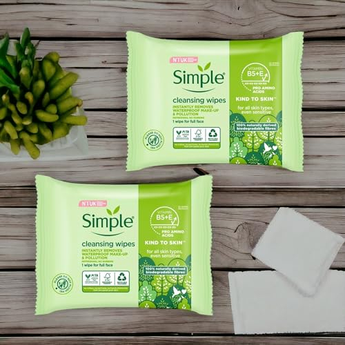 2 x 25 Wipes Of Simple Kind to Skin Bio-Degradable Cleansing Wipes Face Wipes to Remove Waterproof Eye Make-up For Sensitive Skin